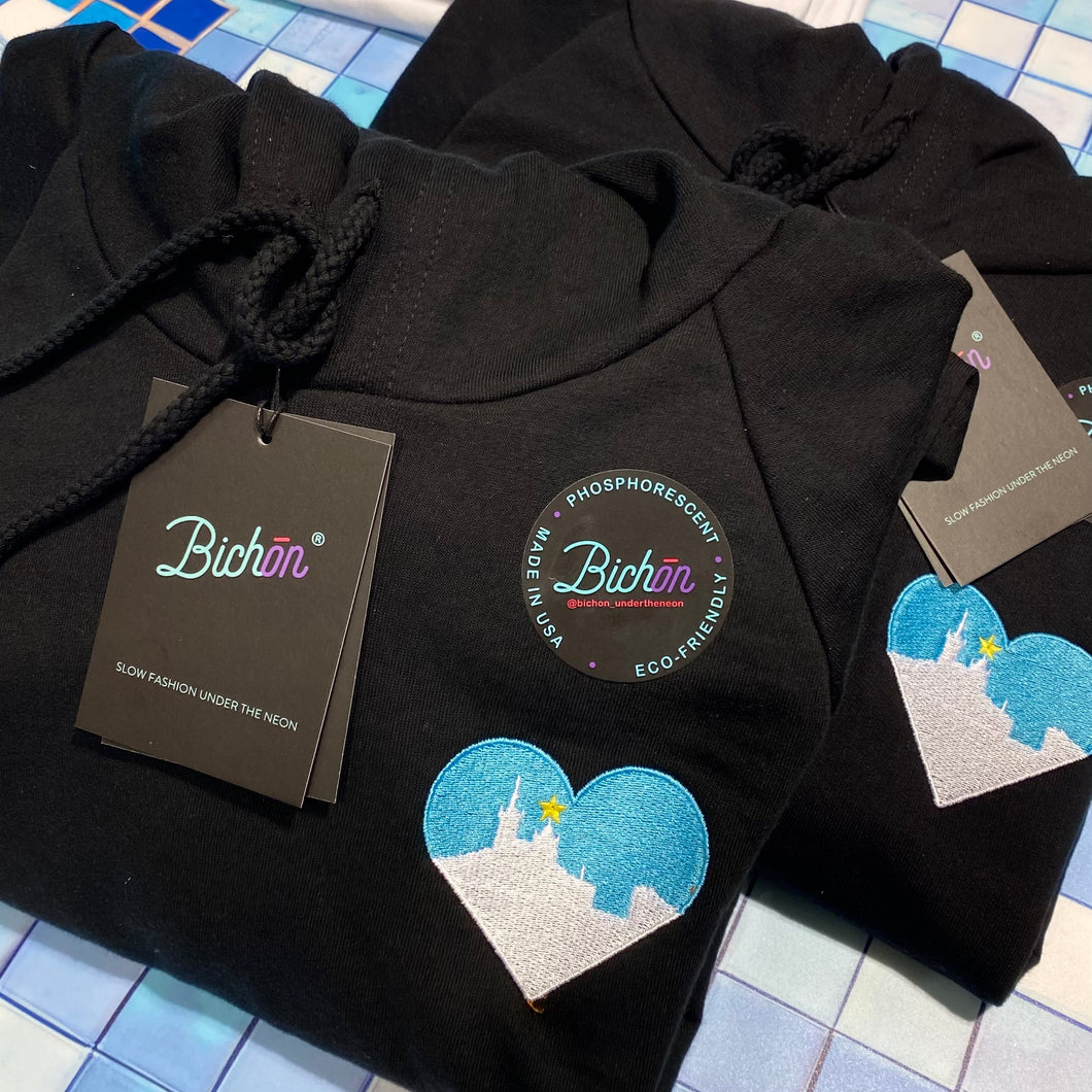 💙La ligne Bonne Mère Azur Sweat noir à capuche - Unisexe | Phosphorescent