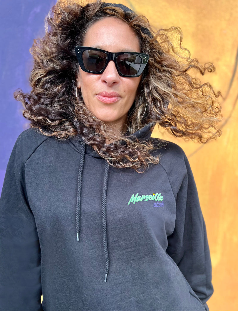 ⭐Marseille BEBE! Sweat noir à capuche - Unisexe | Phosphorescent