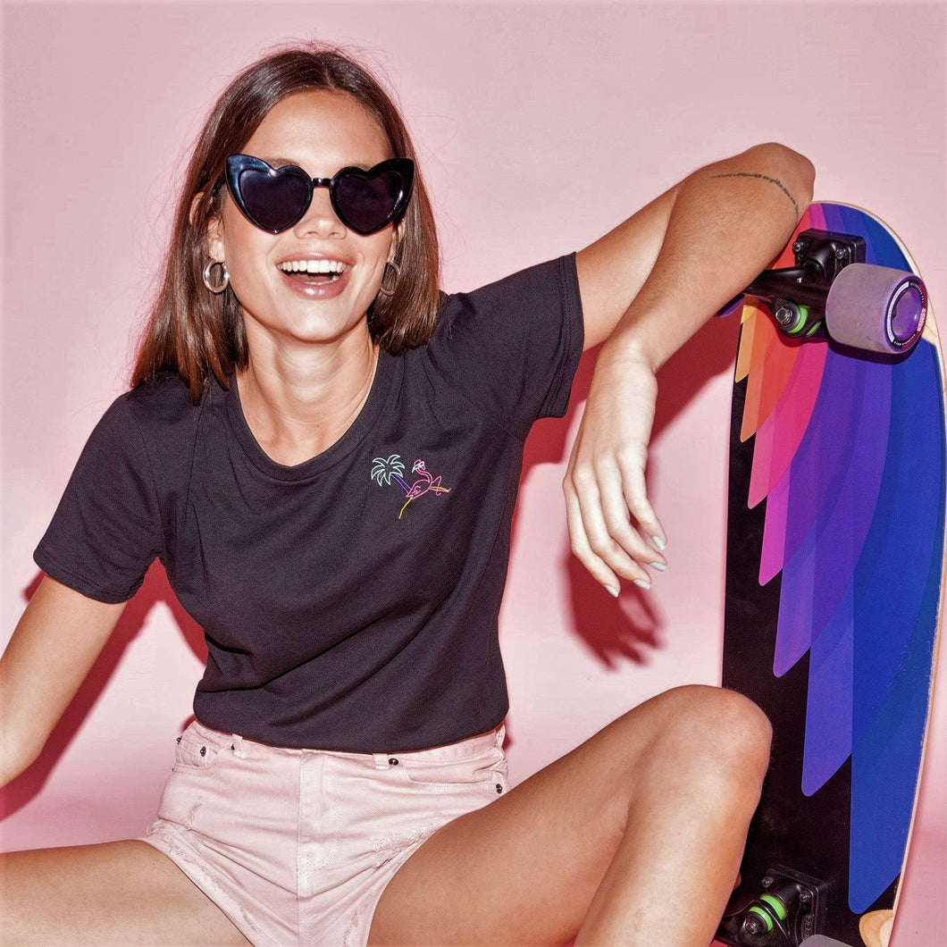 🦩 Retro Flamingo T-Shirt noir - Femme | Phosphorescent